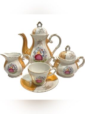 Vintage 1950s EIHO Victorian Themed Peach Luster Porcelain Musical Teapot Set